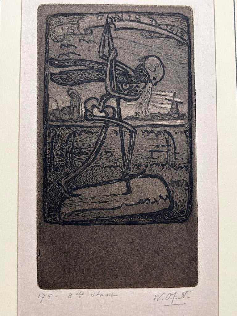 W.O.J. Nieuwenkamp - De Dood die een graf dichttrapt - 1915, 7 cm, Ets, Religie, Ophalen of Verzenden