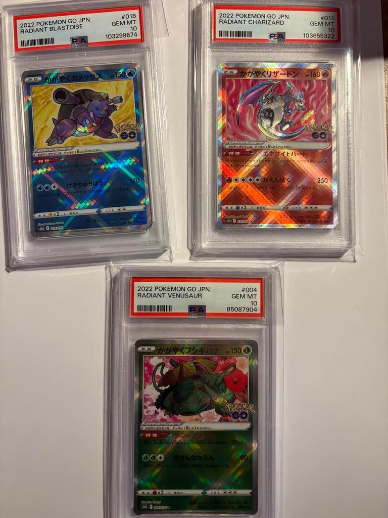 Radiant trio Pokemon Go PSA 10 alleen als set, Ophalen of Verzenden, Zo goed als nieuw, Meerdere kaarten, Foil