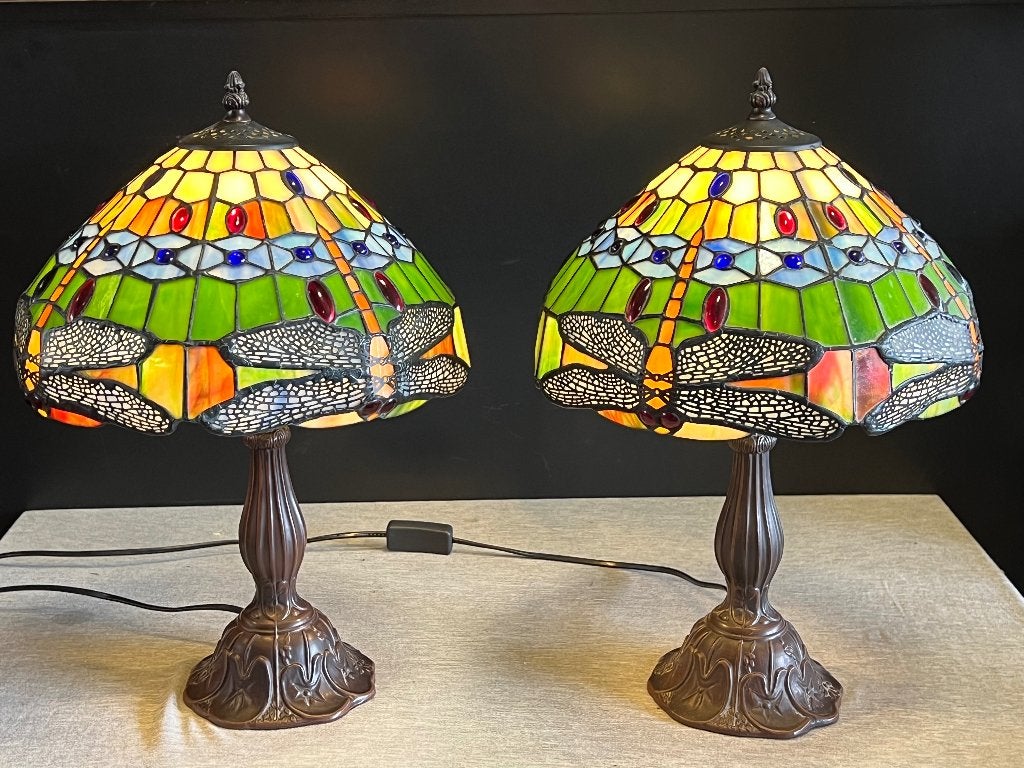 2 Tiffany Lampen Dragonfly Libelle 45cm, Ophalen, Tiffany lamp, Goud, 45 cm