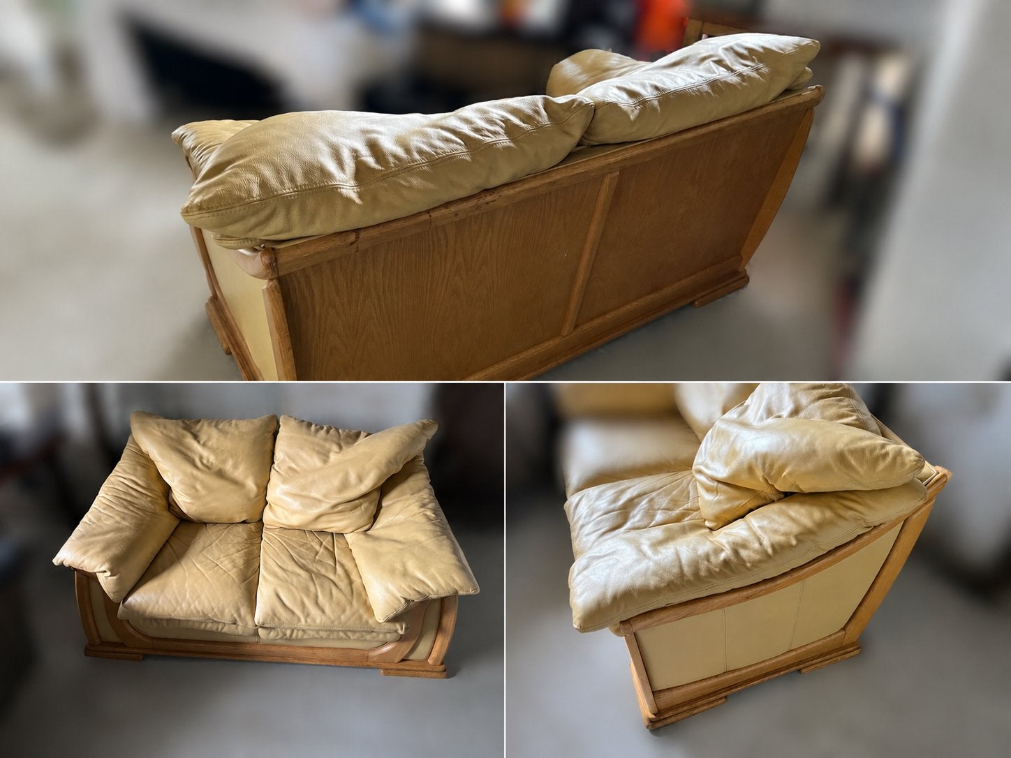 Comfortabele tweepersoonsbank van leer en hout, Huis en Inrichting, Banken | Bankstellen, Ophalen, Gebruikt, 150 tot 200 cm, Tweepersoons