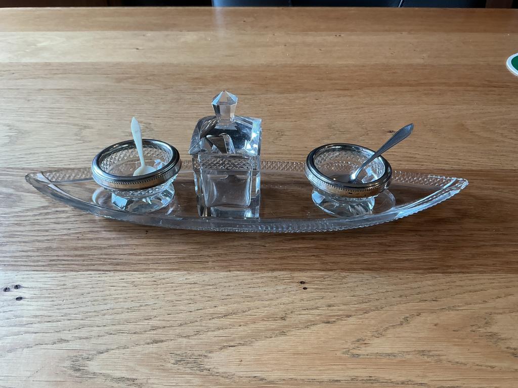 Peper, zout en mosterd kristal met zilver antiek, Antiek en Kunst, Ophalen of Verzenden, Zilver