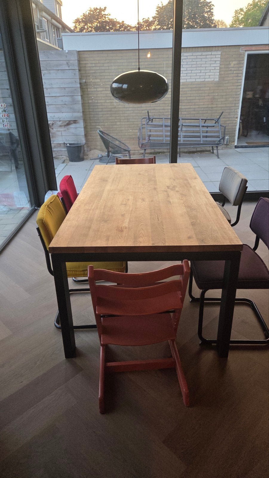 Eettafel 200x100 cm met houten blad en stalen poten, Gebruikt, 100 tot 150 cm, 200 cm of meer, Teakhout