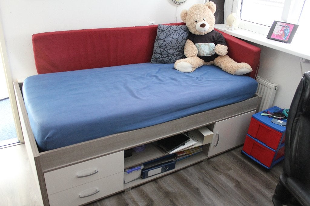 Bed met onderbouwkastjes en verstelbare bodem COMPLETE SET, 85 tot 100 cm, Zo goed als nieuw, 180 cm of meer, Ophalen