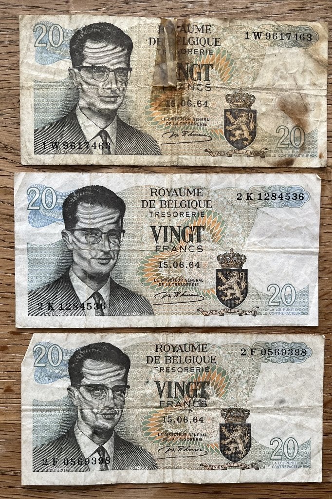 Drie biljetten vingt francs België, Ophalen of Verzenden, België, Los biljet