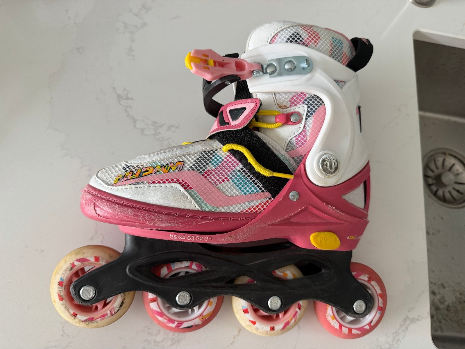 Nijdam verstelbare inline skates roze/wit - Maat 32-35, Ophalen of Verzenden, Gebruikt, Overige typen, Nijdam
