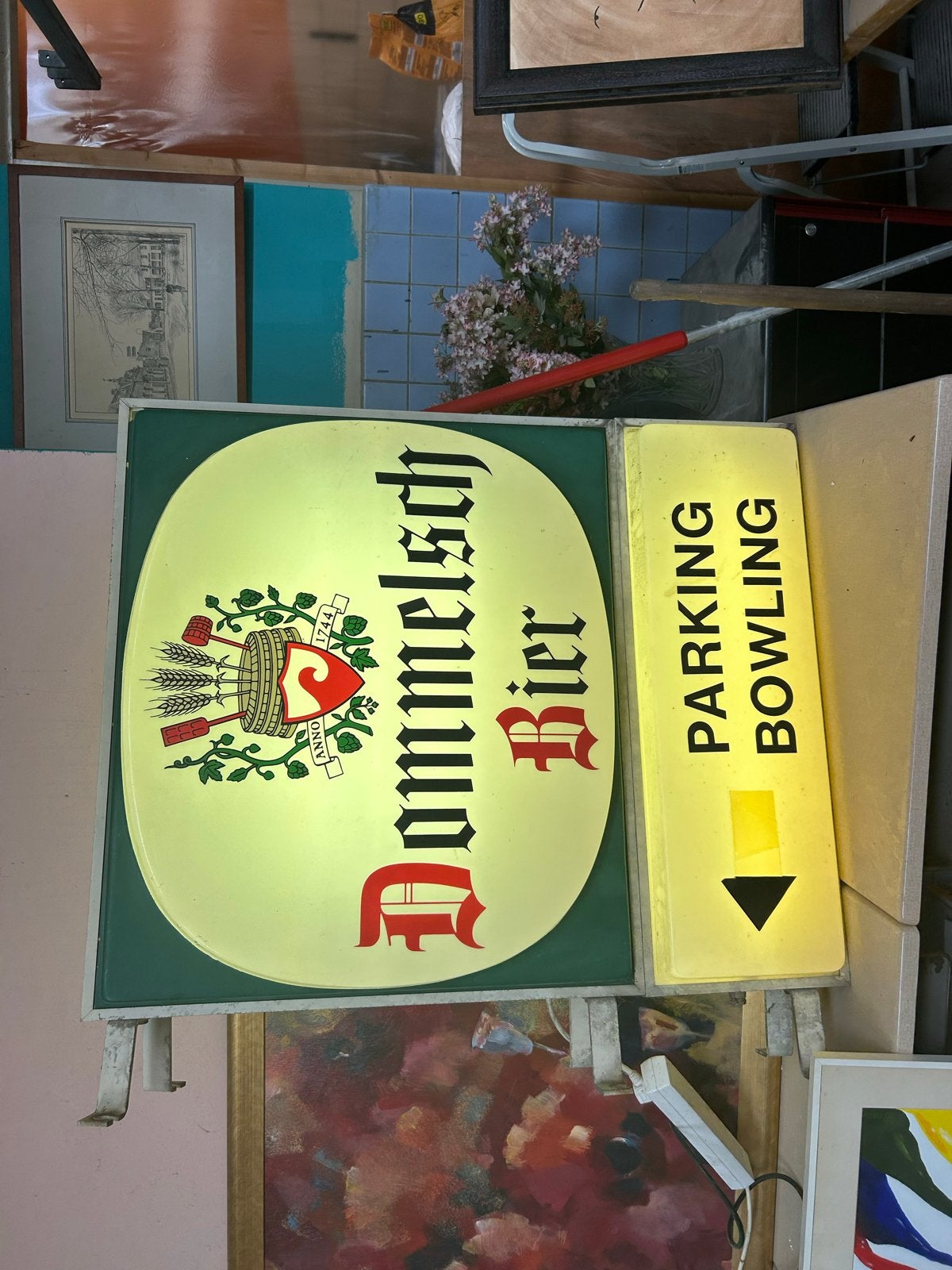 Vintage Dommelsch Bier Lichtreclame met Parking/Bowling bord, Antiek en Kunst, Ophalen of Verzenden