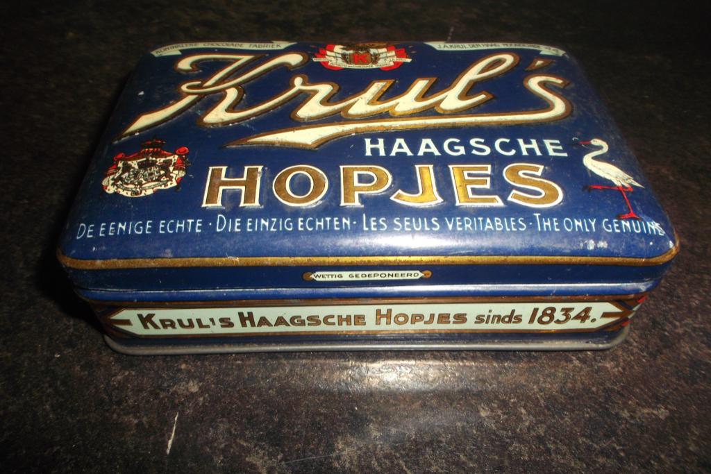 Oud blikken  kruls HAAGSCHE HOPJES  doos, Ophalen of Verzenden, Gebruikt, Reclamebord