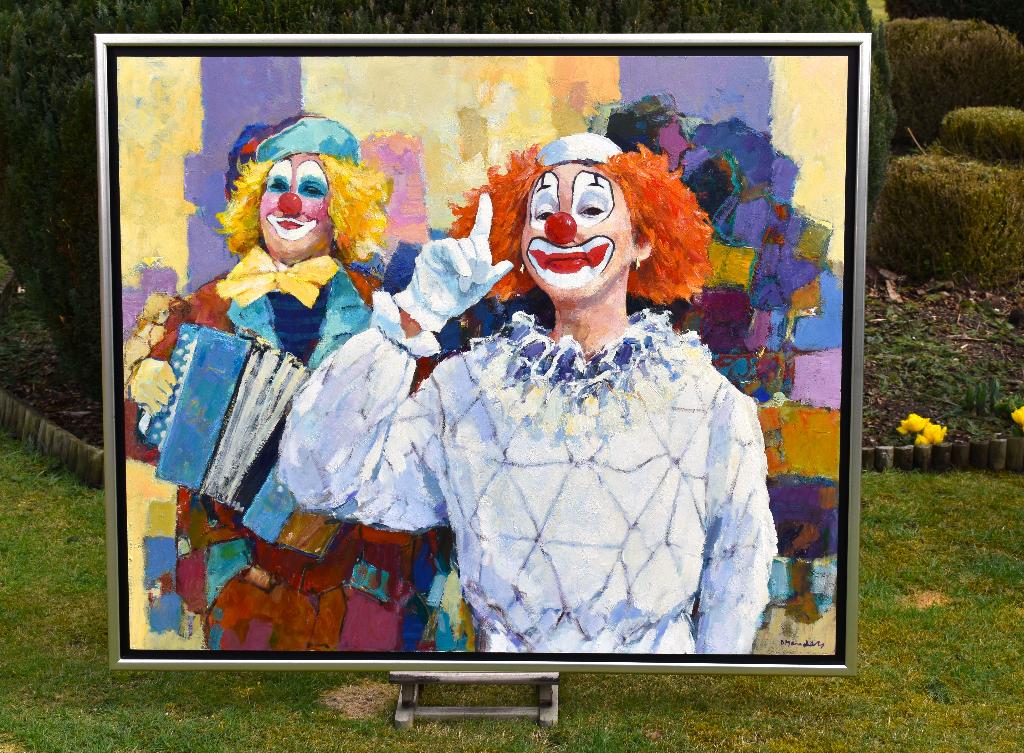 Frans Manders schilderij op paneel,Carnaval,Clowns107x127cm., Ophalen