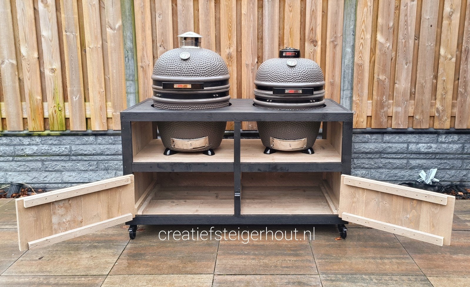Barbecue meubel met wielen grill kamado steigerhout tuin bbq, Verzenden, Nieuw, Houtskool, Inbouw