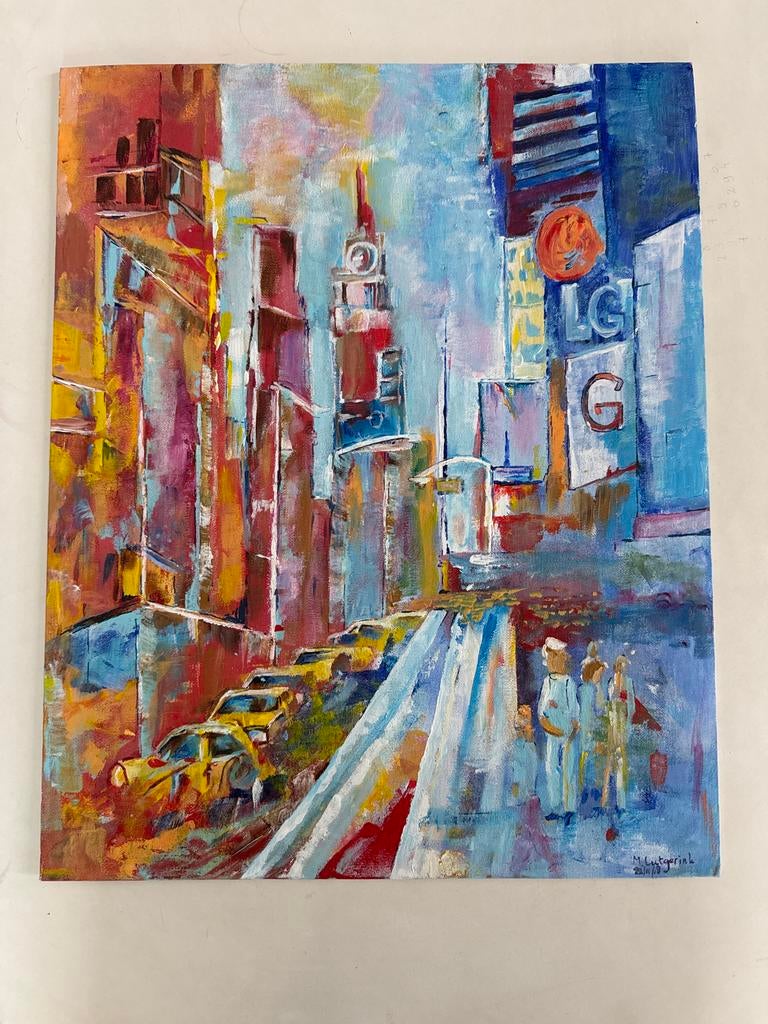 Kleurrijk schilderij van New York, gesigneerd M. Lutgerink, Ophalen of Verzenden
