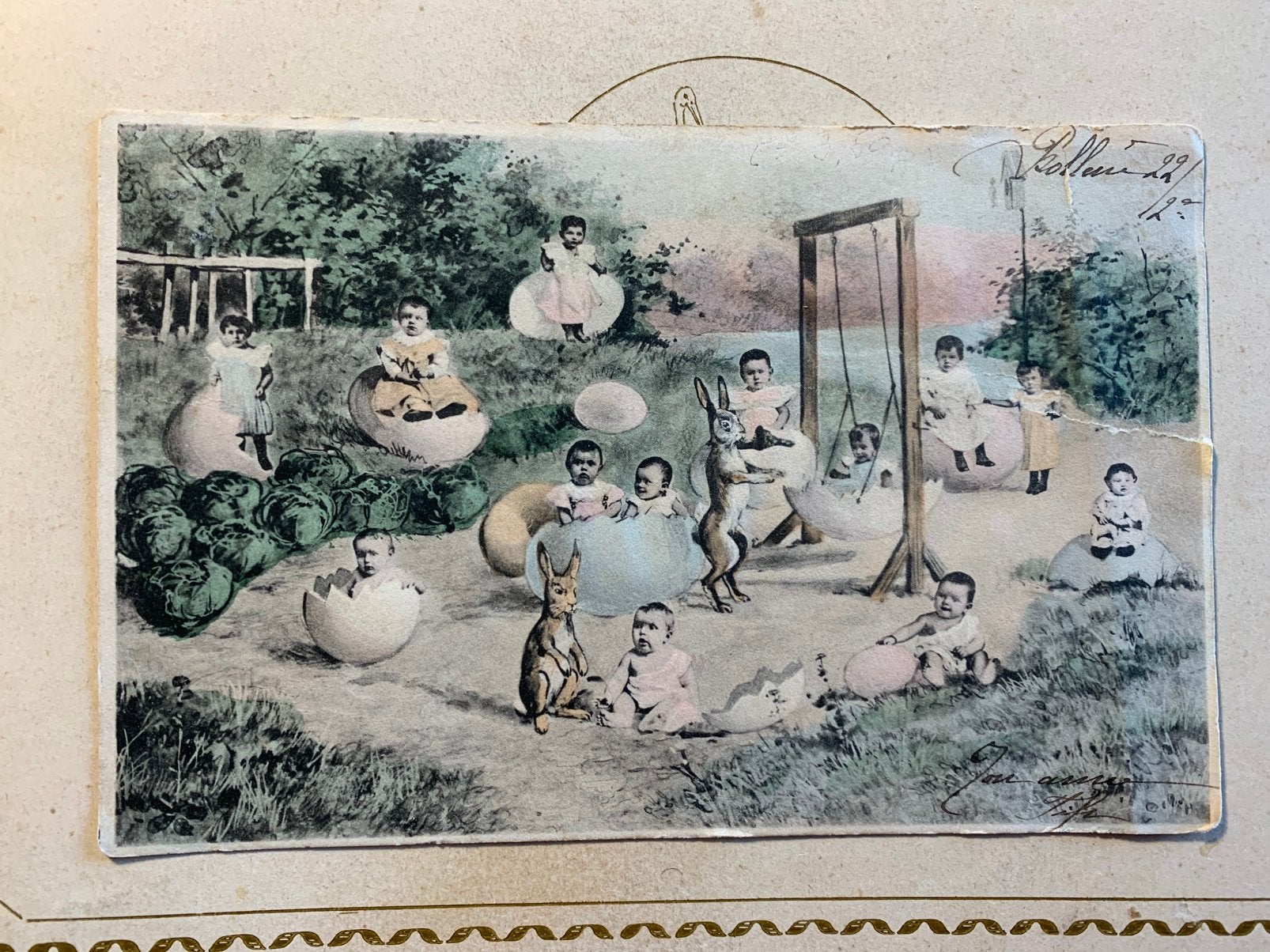22-2-1904 Baby’s paashaas schommel (BA), Ophalen of Verzenden, Voor 1920, Gelopen, Kinderen