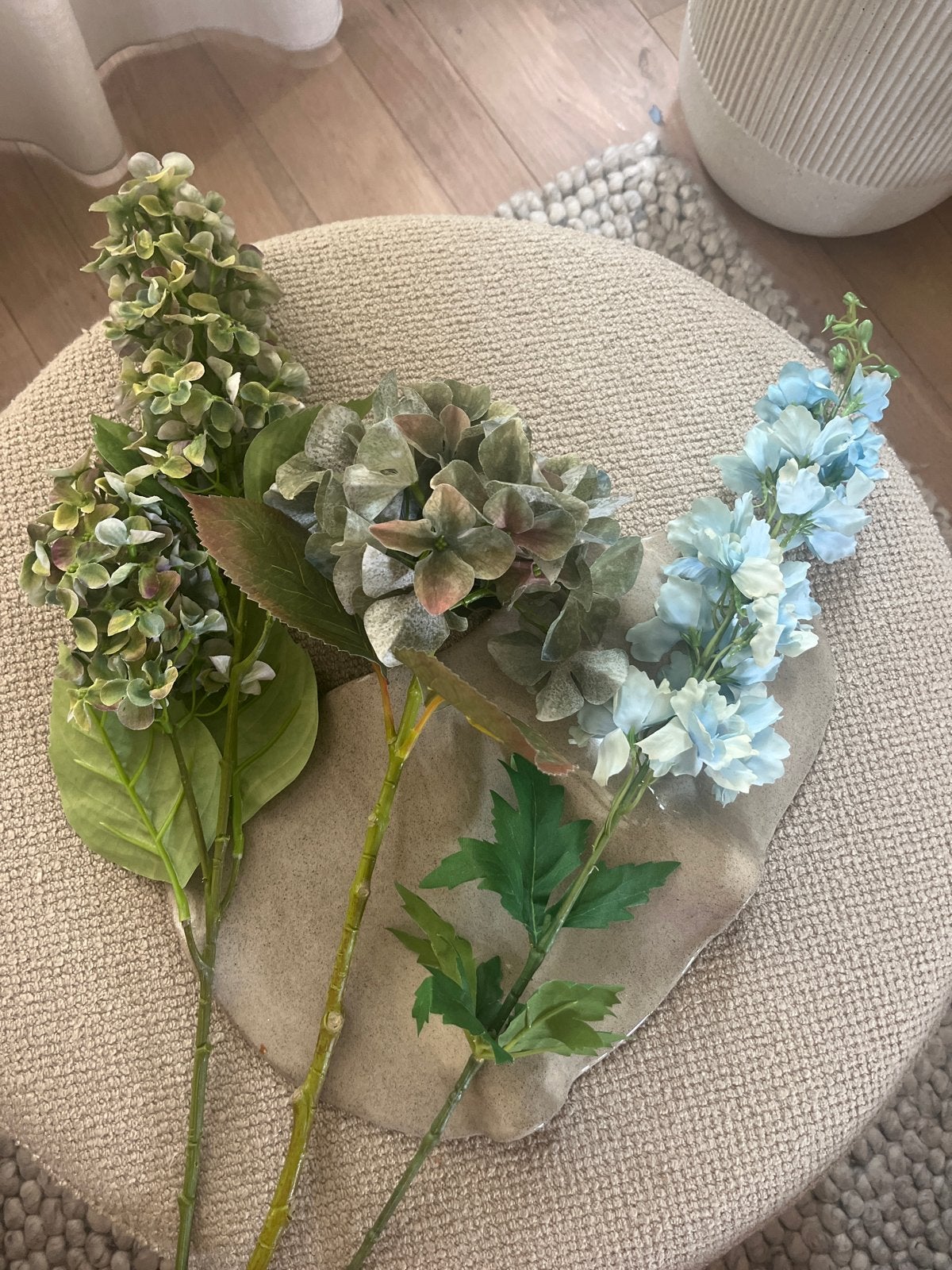 Set van 3 kunstbloemen: hortensia en delphinium, Huis en Inrichting, Woonaccessoires | Kunstplanten en Kunstbloemen, Binnen, Kunstbloem