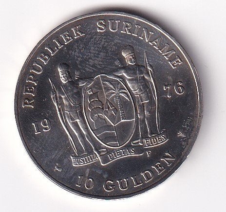 Suriname 10 Gulden 1976 F Zeer fraai met Patina, Koningin Juliana, Zilver, Ophalen of Verzenden, Losse munt