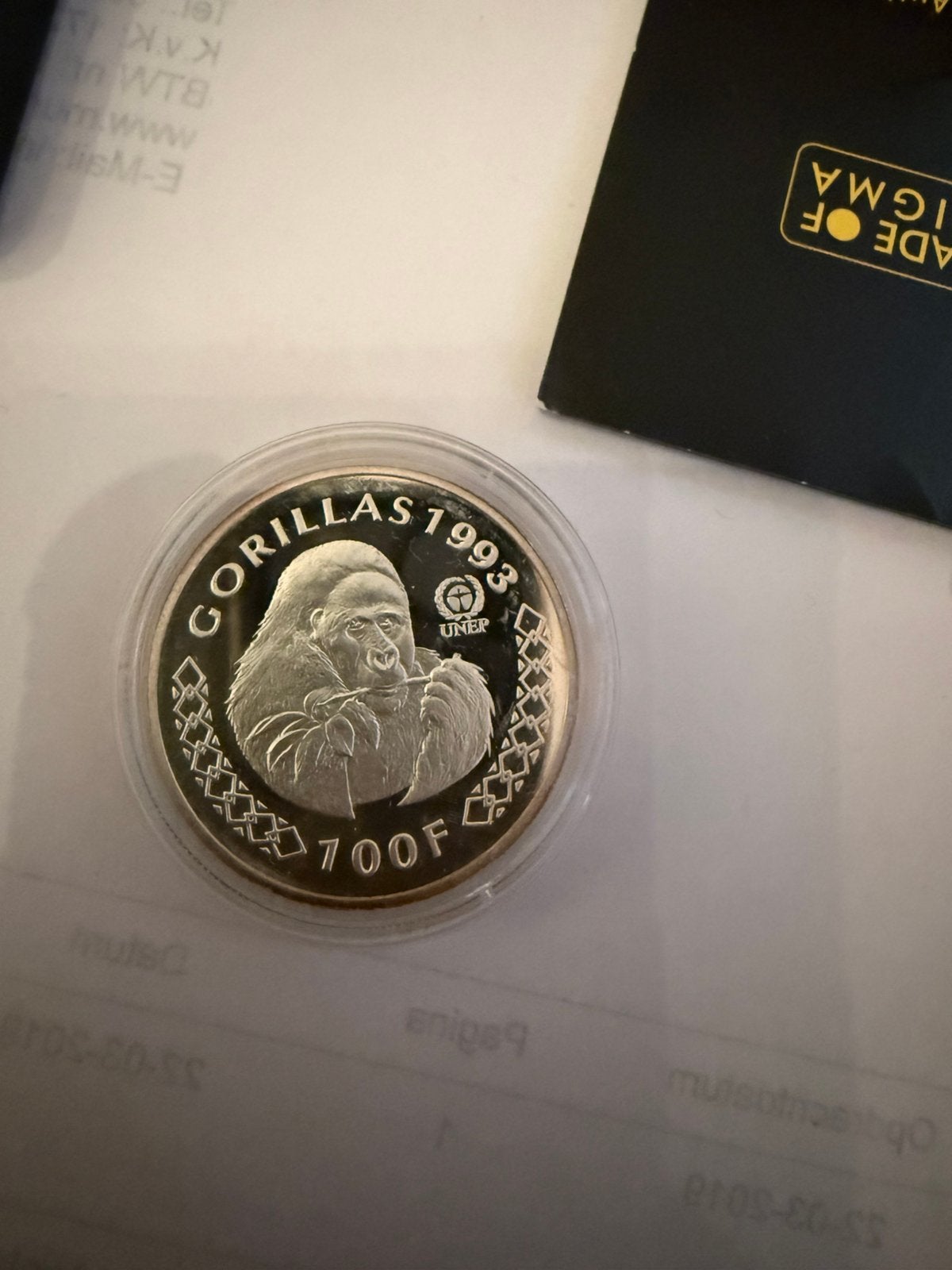 1 oz zilveren gorillas 1993 banque nationale rwanda 100 F, Postzegels en Munten, Ophalen of Verzenden, Zilver