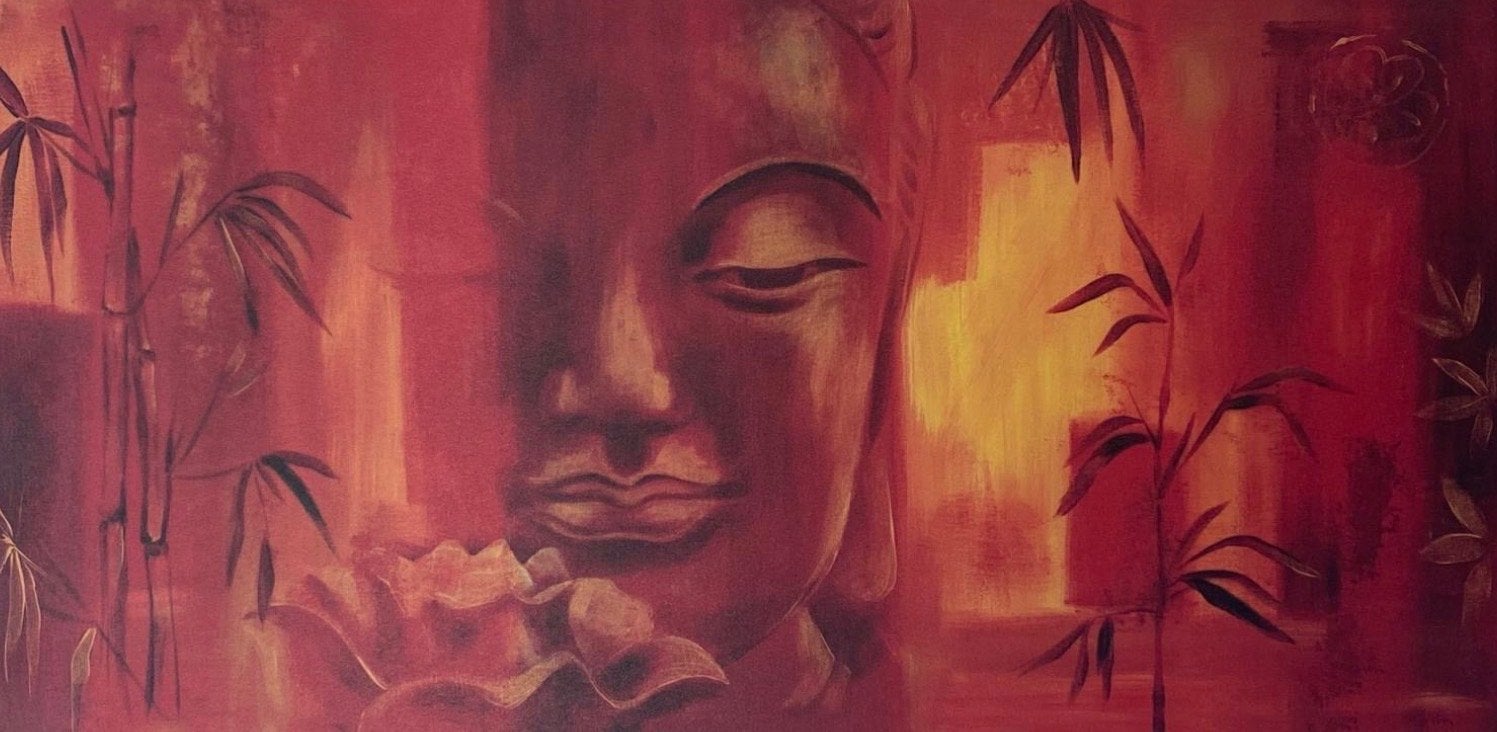 Boeddha schilderij met bamboe en lotusbloem, Handgeschilderd, Ophalen of Verzenden, Textiel, Figuren