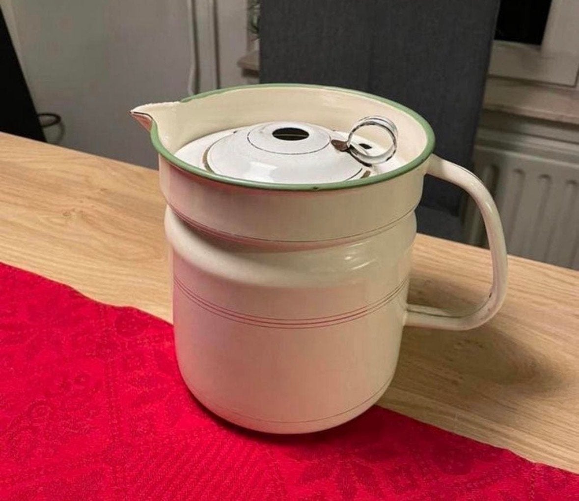 Vintage emaille melkkoker wit met groene rand, Antiek en Kunst, Antiek | Emaille, Ophalen of Verzenden