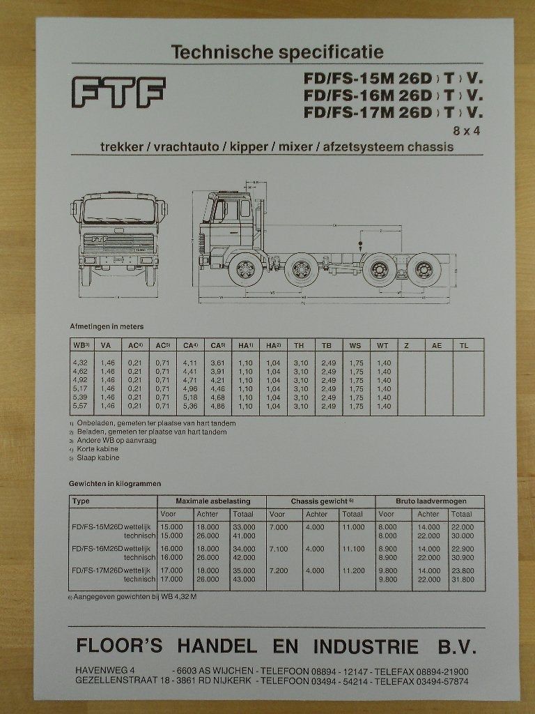 FTF 8x4 ca 1990 Technische Specificatie Brochure, FTF, Ophalen of Verzenden, Zo goed als nieuw, Overige merken