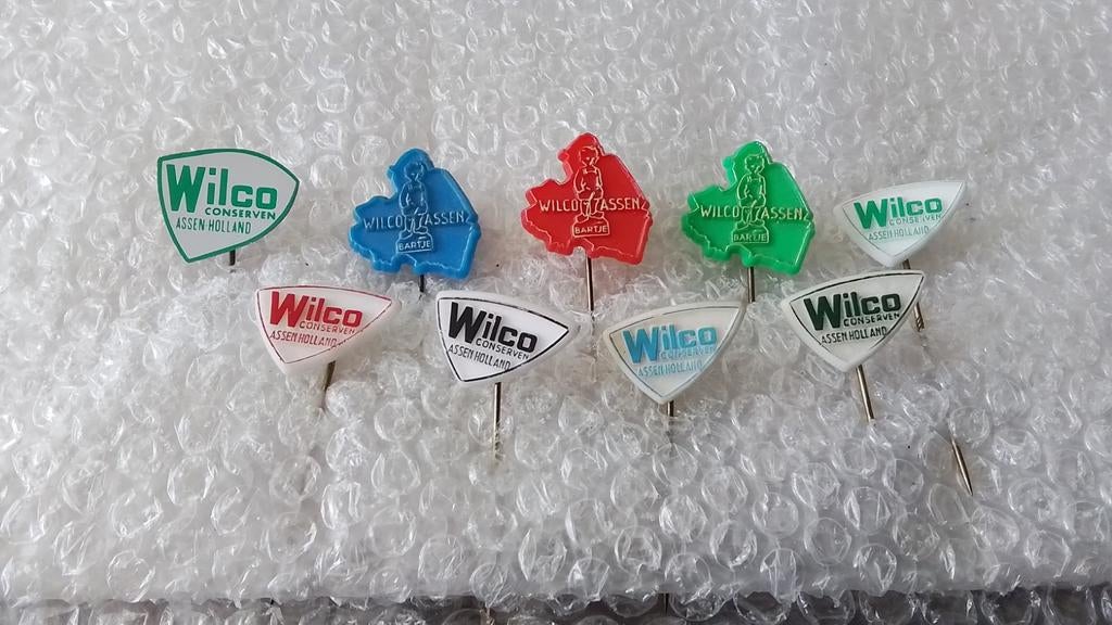 9 verschillende speldjes wilco conserven, Ophalen of Verzenden, Gebruikt, Overige onderwerpen