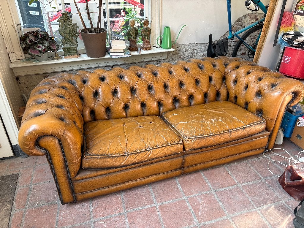 Chesterfield bank cognac, Ophalen, Gebruikt, 75 tot 100 cm, Leer