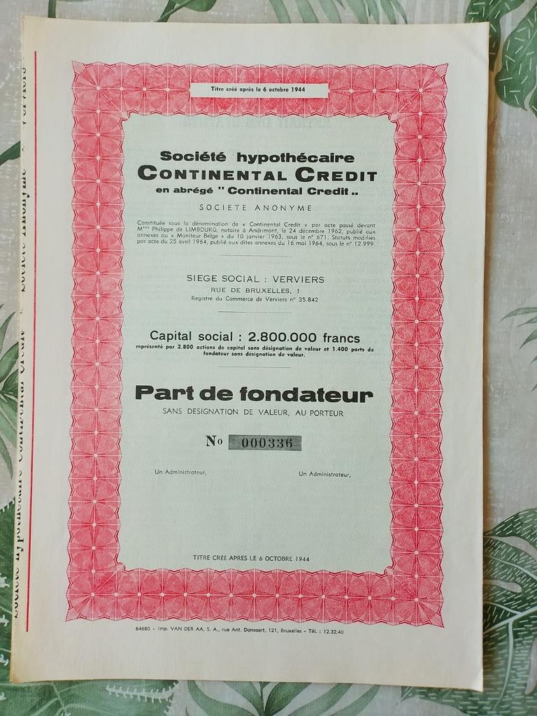 Oud aandeel Continental Credit, België (1944), Ophalen, Aandeel