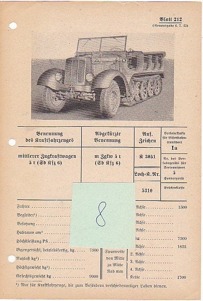Zugkraftwagen halftrack Datenblatt 212 voertuig techniek, Verzenden, Landmacht, Duitsland, Boek of Tijdschrift