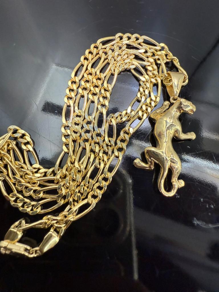 Prachtige 14 karaats gouden figaro ketting met panter hanger, Ophalen of Verzenden, Nieuw, Goud