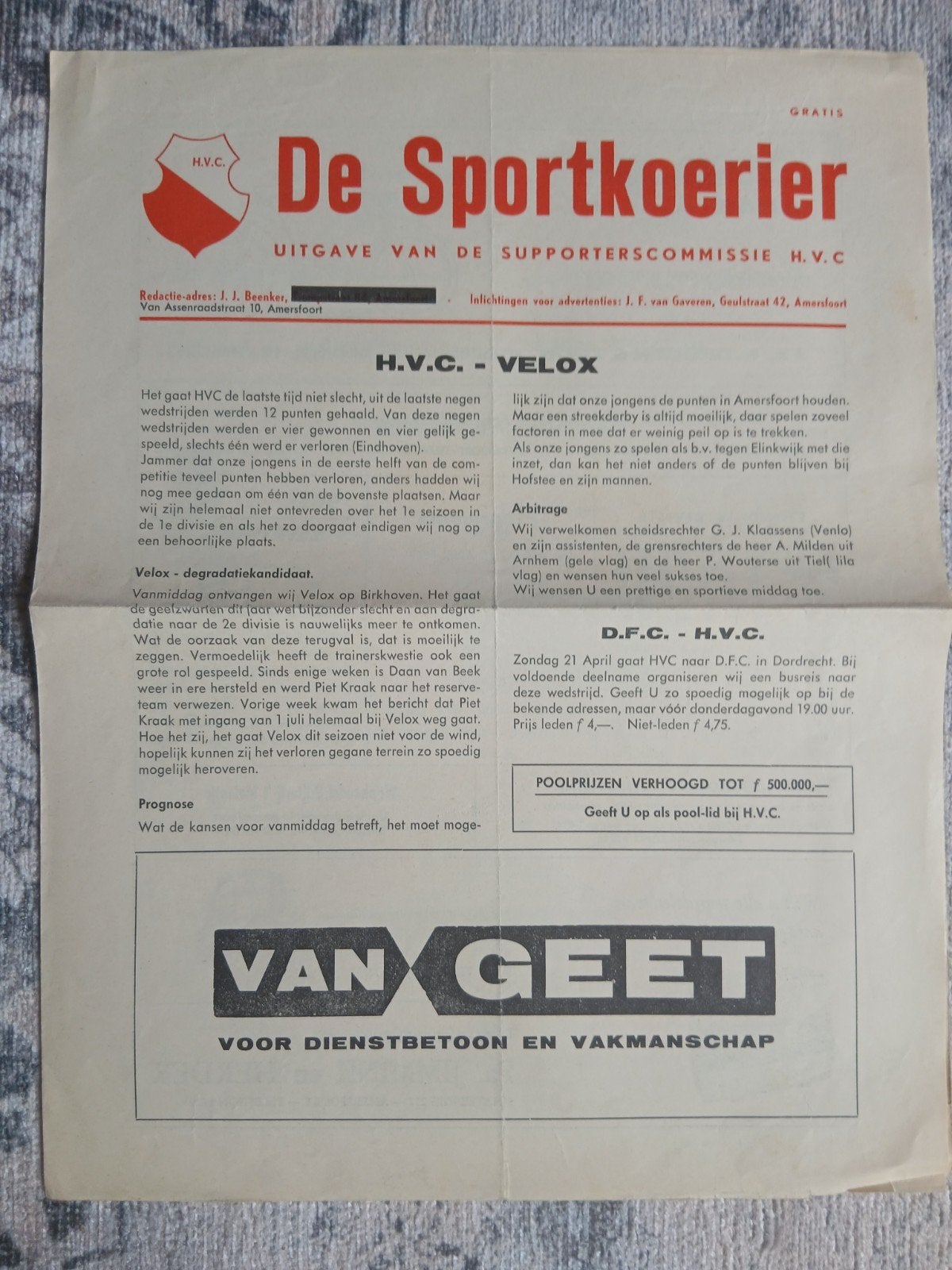Programma HVC-Velox # jaren '60, Verzamelen, Ophalen of Verzenden, Gebruikt, Boek of Tijdschrift