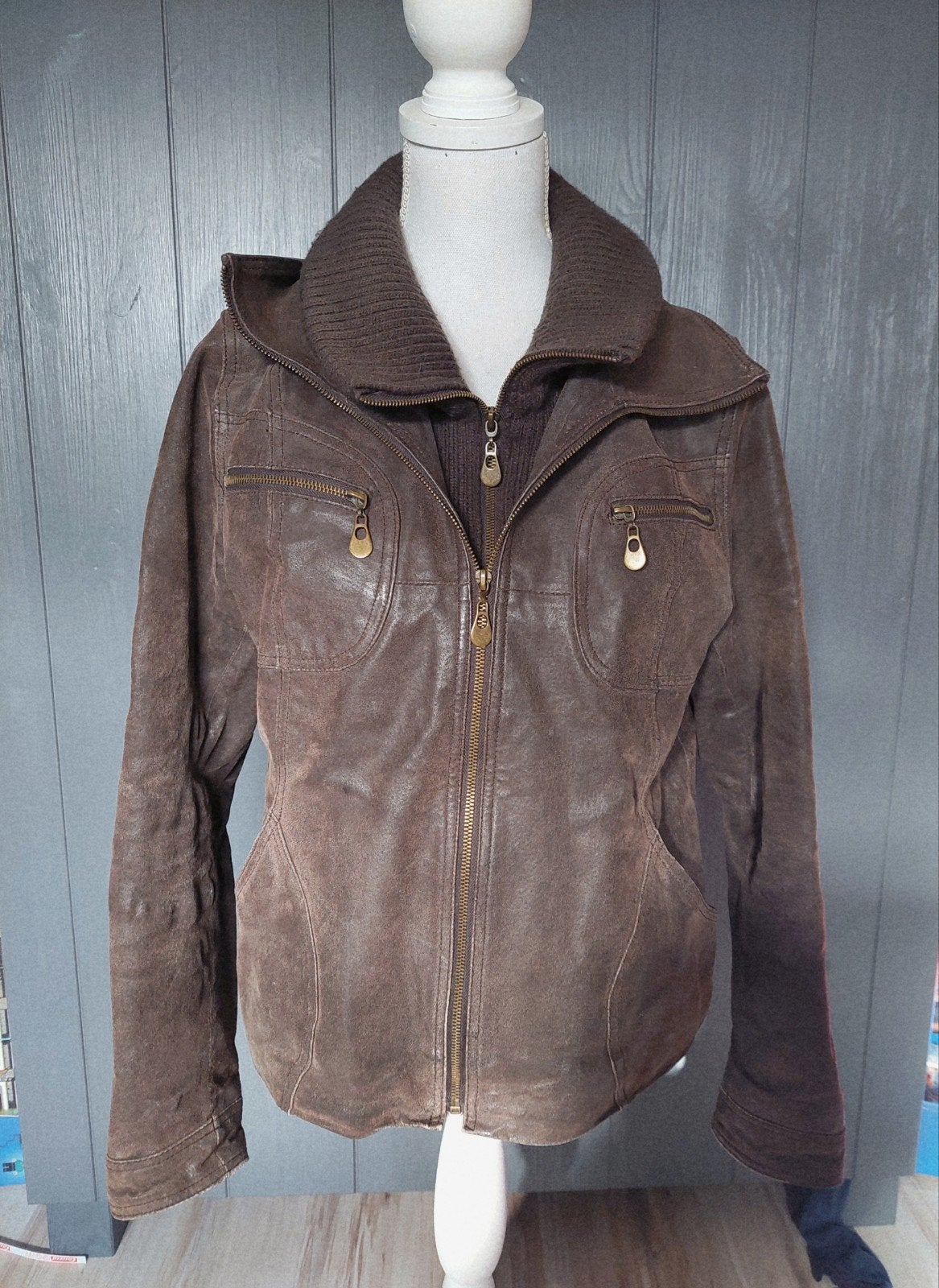 Leren jas bruin XXL met gebreide kraag, Bruin, Maat 46/48 (XL) of groter, Ophalen of Verzenden, Onbekend