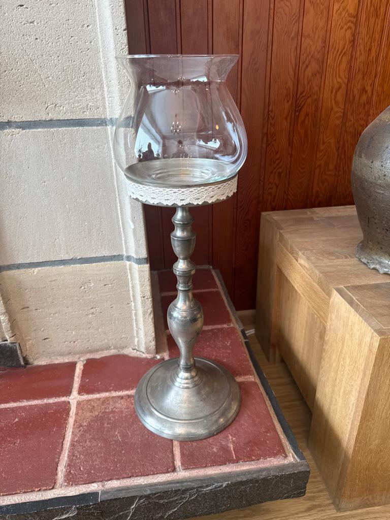 Vintage Glazen Windlicht op Metalen Voet, Ophalen of Verzenden, Glas