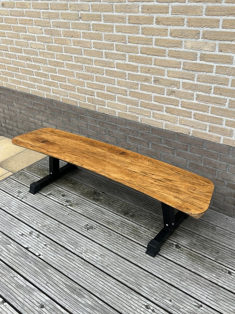 Houten bankje met stalen onderstel, Ophalen of Verzenden