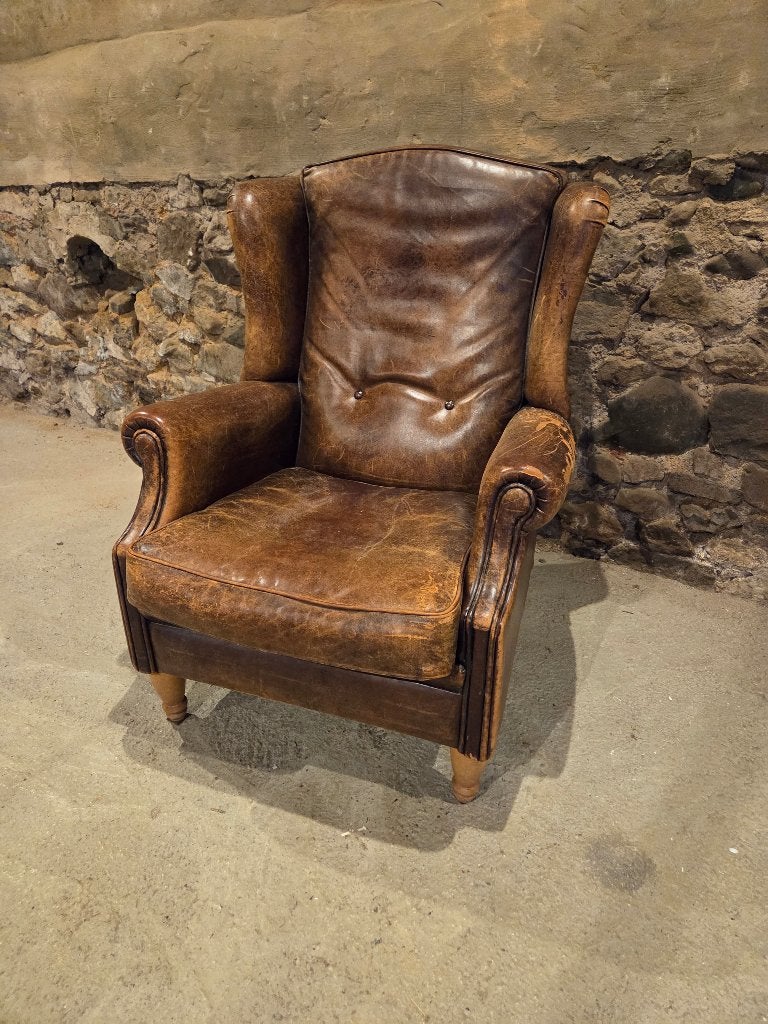 Vintage lederen oorfauteuil, Ophalen, Gebruikt, 50 tot 75 cm, Leer