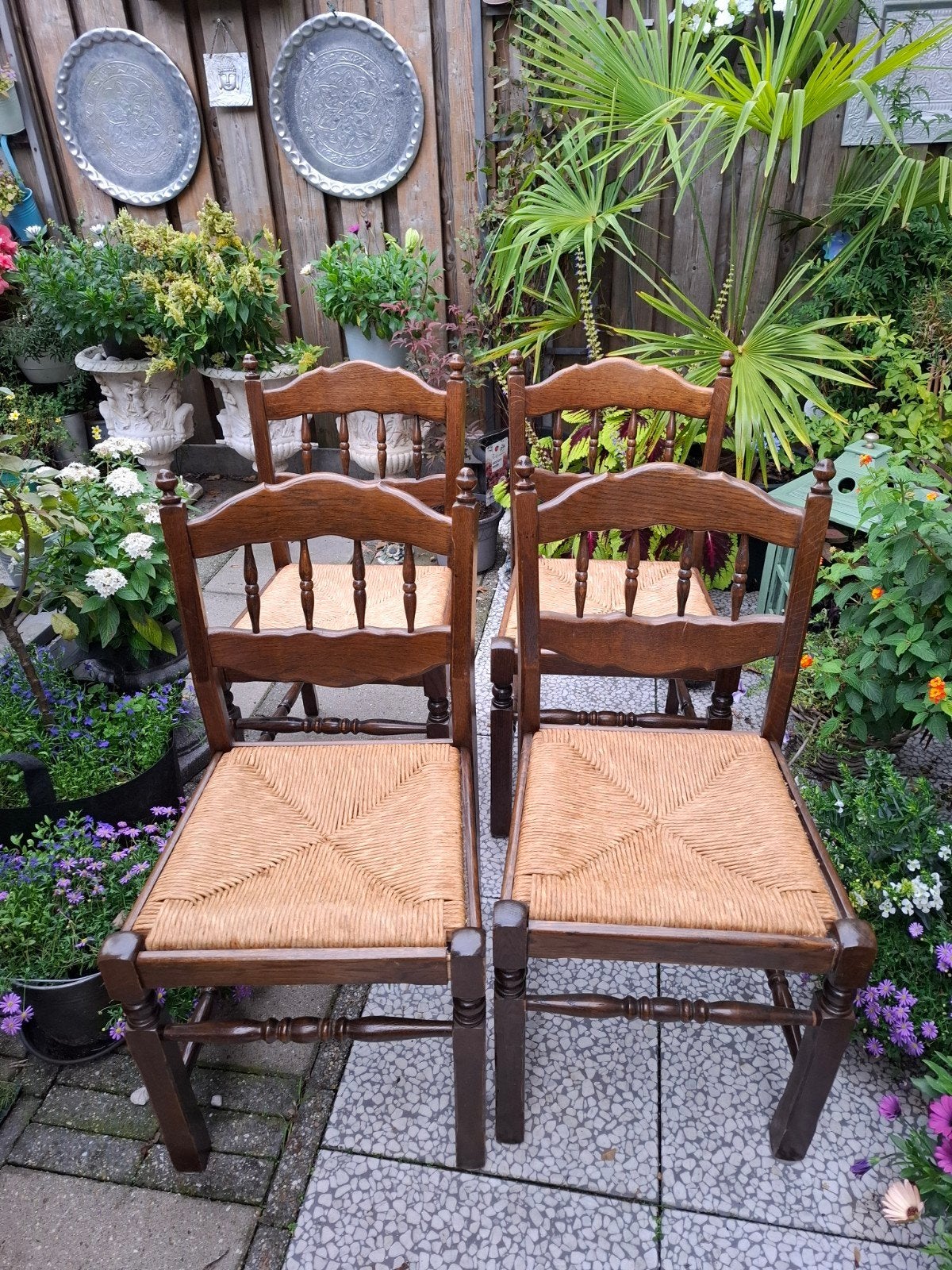Set van 4 rustieke houten stoelen met rieten zitting, Ophalen