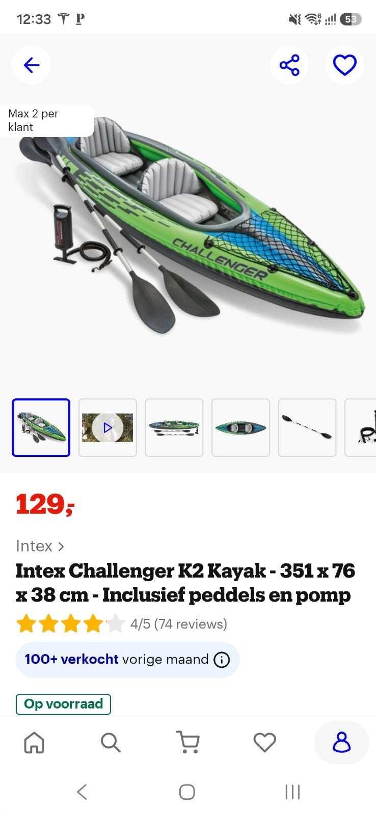 Intex Challenger K2 Kajak - 2-persoons opblaasbaar, Ophalen of Verzenden, Opblaasbaar, Zo goed als nieuw, 2-persoons