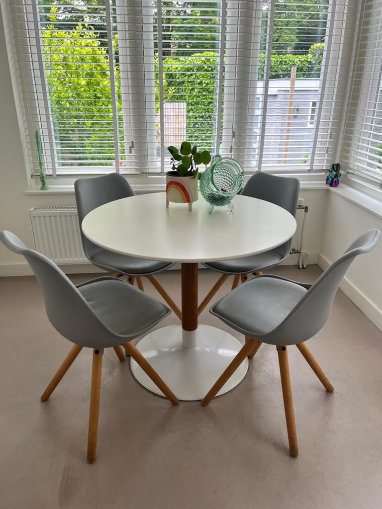 Ronde eettafel wit blad en houten poot - Diameter 90 cm +, Huis en Inrichting, Tafels | Eettafels, Ophalen, Kunststof, Gebruikt