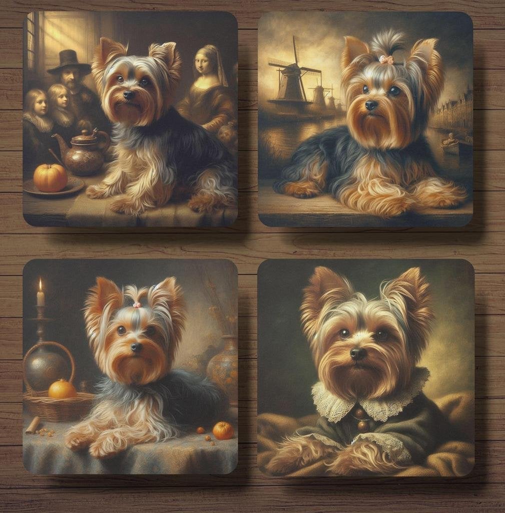 Yorkshire Terriër Rembrandt stijl onderzetters met houder, Ophalen of Verzenden, Nieuw, Glas of Kopje