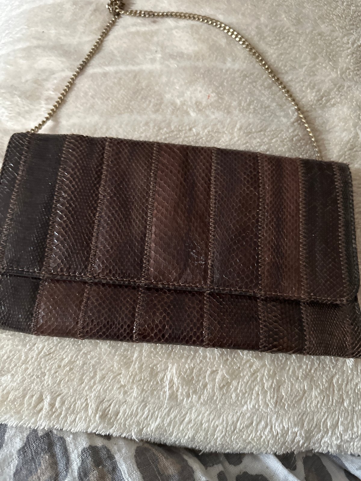 Vintage Bruine Slangenleren Clutch met Ketting, Ophalen of Verzenden, Gebruikt, Bruin, Avondtasje
