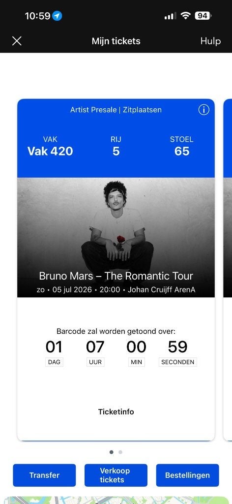 Bruno mars 5 juli, Tickets en Kaartjes, Eén persoon, Juli