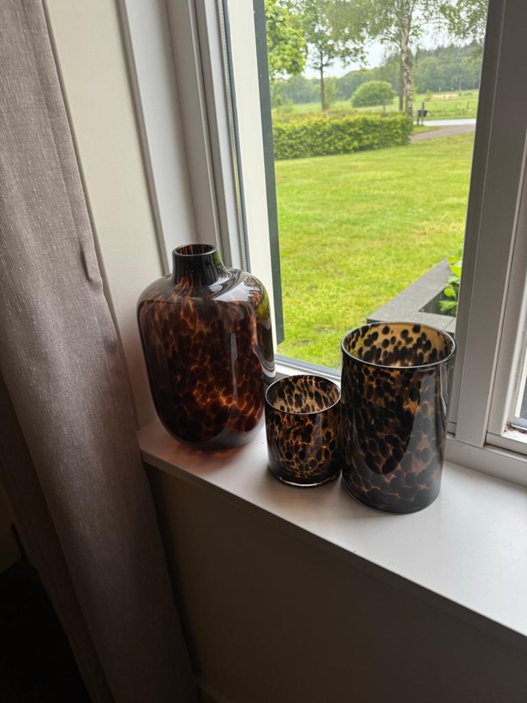 Cheeta vaas en windlicht set, Huis en Inrichting, Overige kleuren, Ophalen of Verzenden, Minder dan 50 cm, Glas