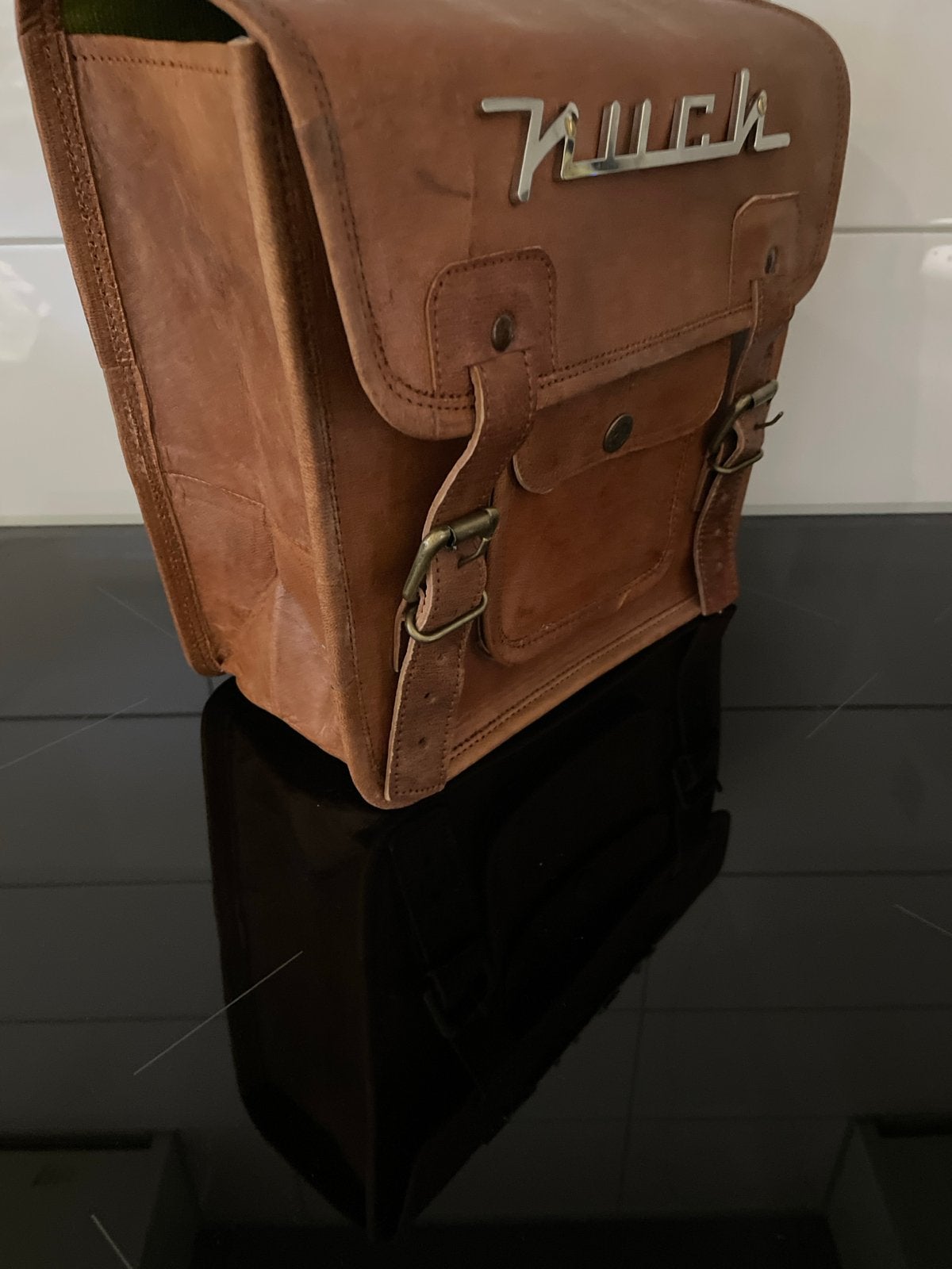 Puch bagagerek leren tas met RVS embleem, Ophalen of Verzenden, Gebruikt, Overige typen