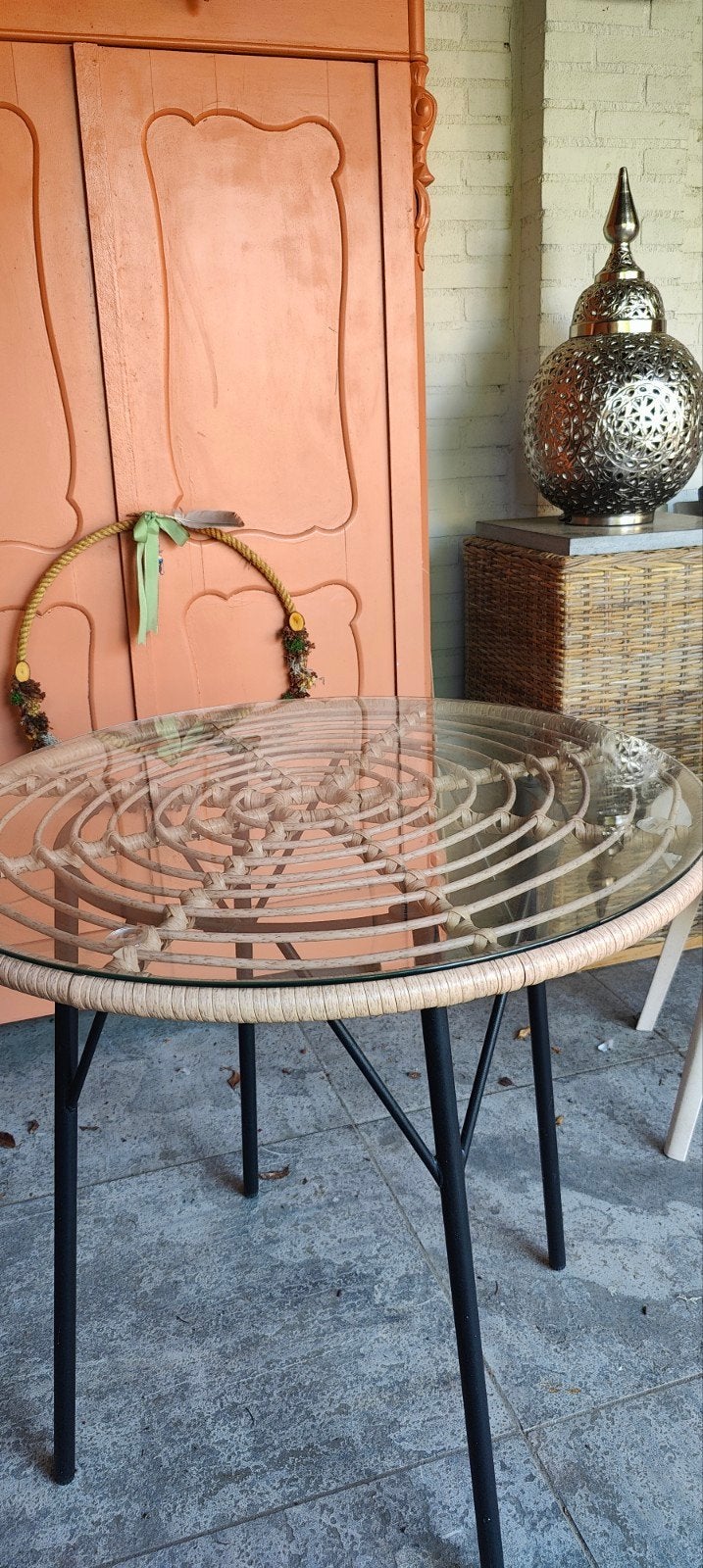 Ronde tuintafel Boho style met glazen blad, Ophalen, Gebruikt, Rond, Overige materialen