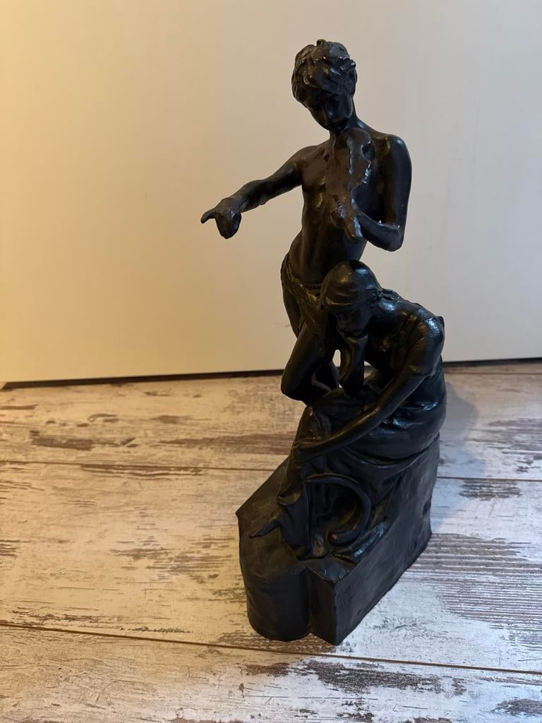 Bronzen beeld van violist met luisteraar, Ophalen, Brons, Scène, Beeld