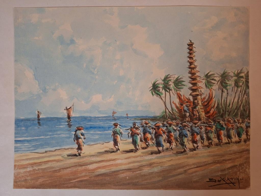 Aquarel van Indonesië Gesigneerd, Antiek en Kunst, Ophalen of Verzenden
