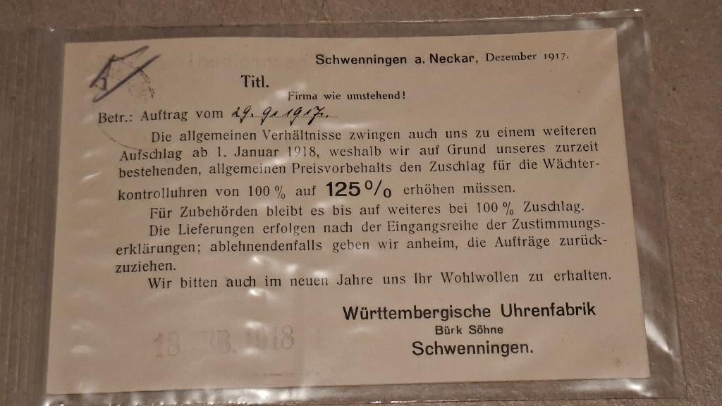 Bürk Nachtwakersklok / Wachteruhr Preiszuschlagkarte 1918, Antiek en Kunst, Antiek | Klokken, Ophalen of Verzenden
