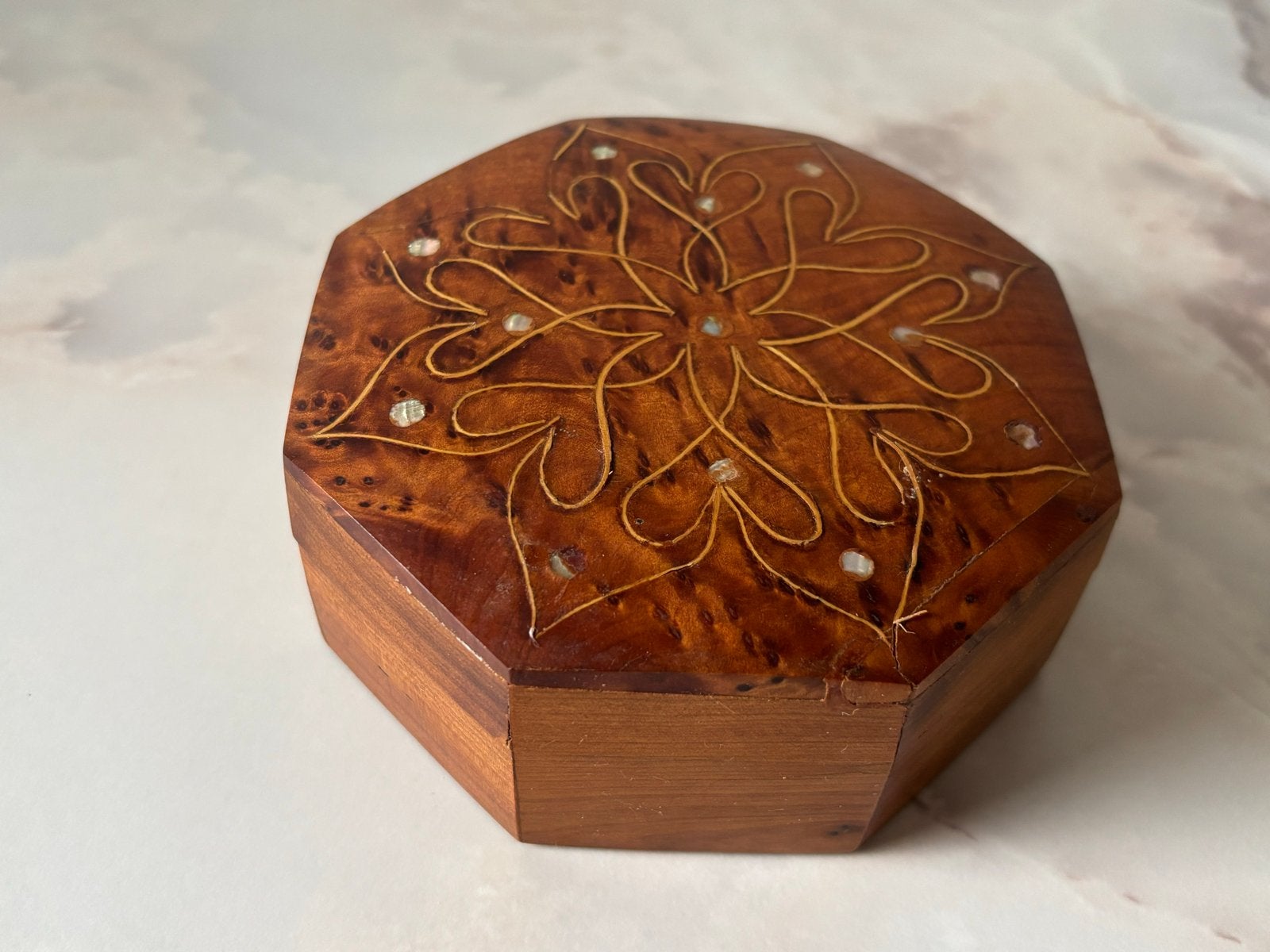 Vintage houten sieradendoosje met inlegwerk met parelmoer, Antiek en Kunst, Ophalen of Verzenden