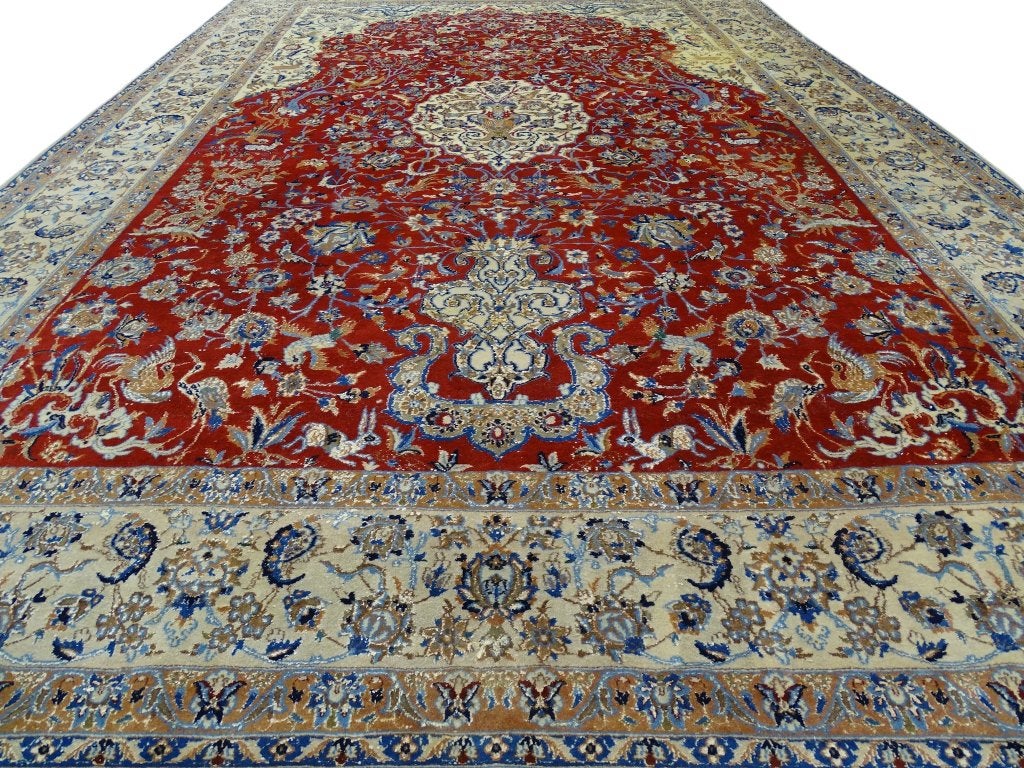 Perzisch tapijt - Nain met Zijde- 335 x 226 cm -Handgeknoopt, Gebruikt, -, Verzenden, Crème