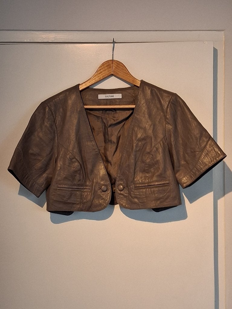donkergrijs leren bolero colbert korte mouwen mt 40 Culture, Kleding | Dames, Maat 38/40 (M), Ophalen of Verzenden, Jasje, Grijs