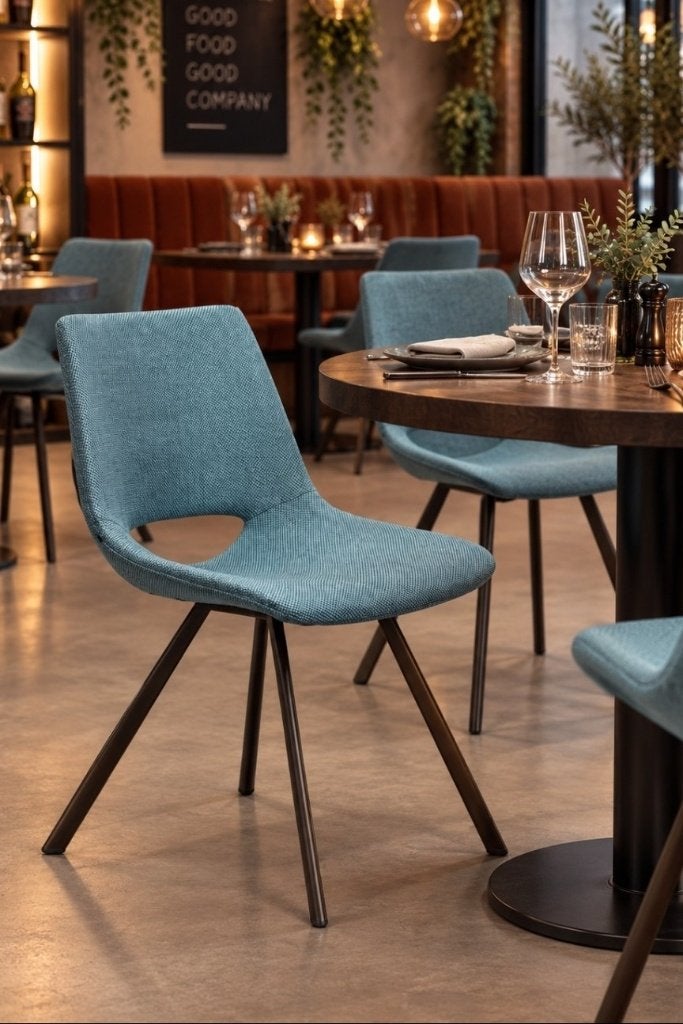 Partij leuke eetkamerstoelen blauw stof horeca kantoor SALE
