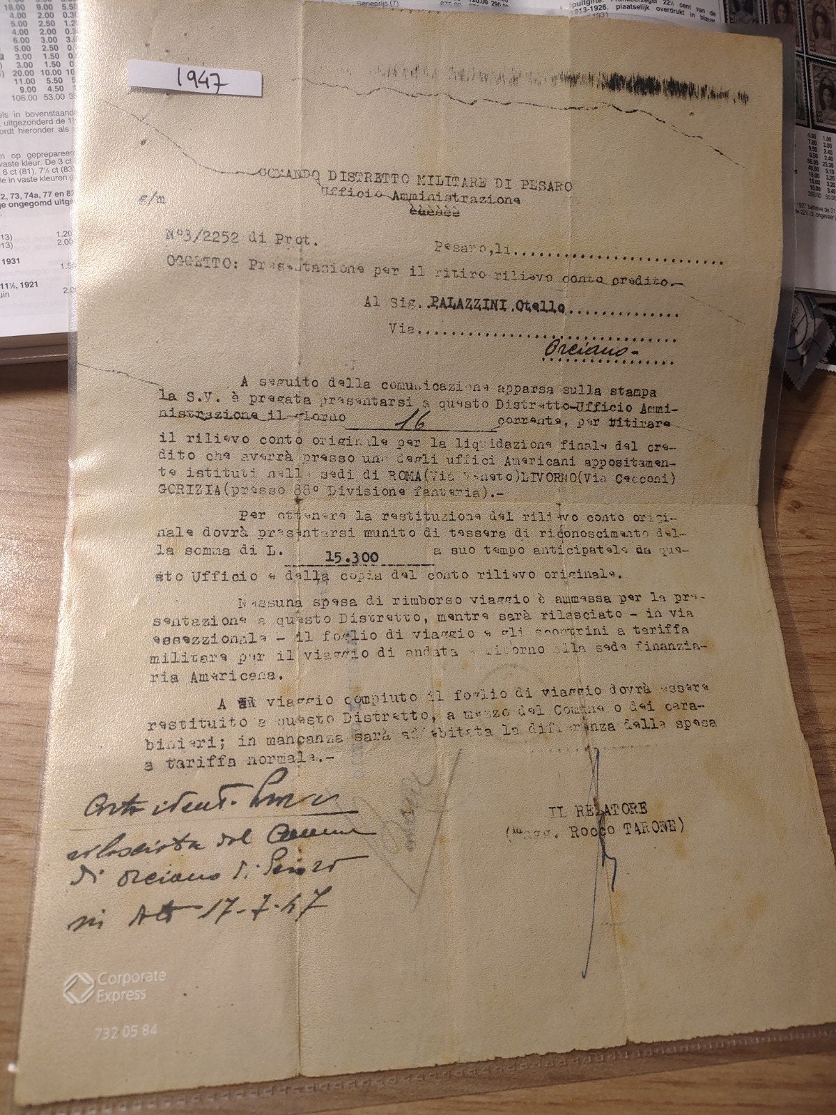 Italië militair document 1947, Ophalen of Verzenden, Landmacht