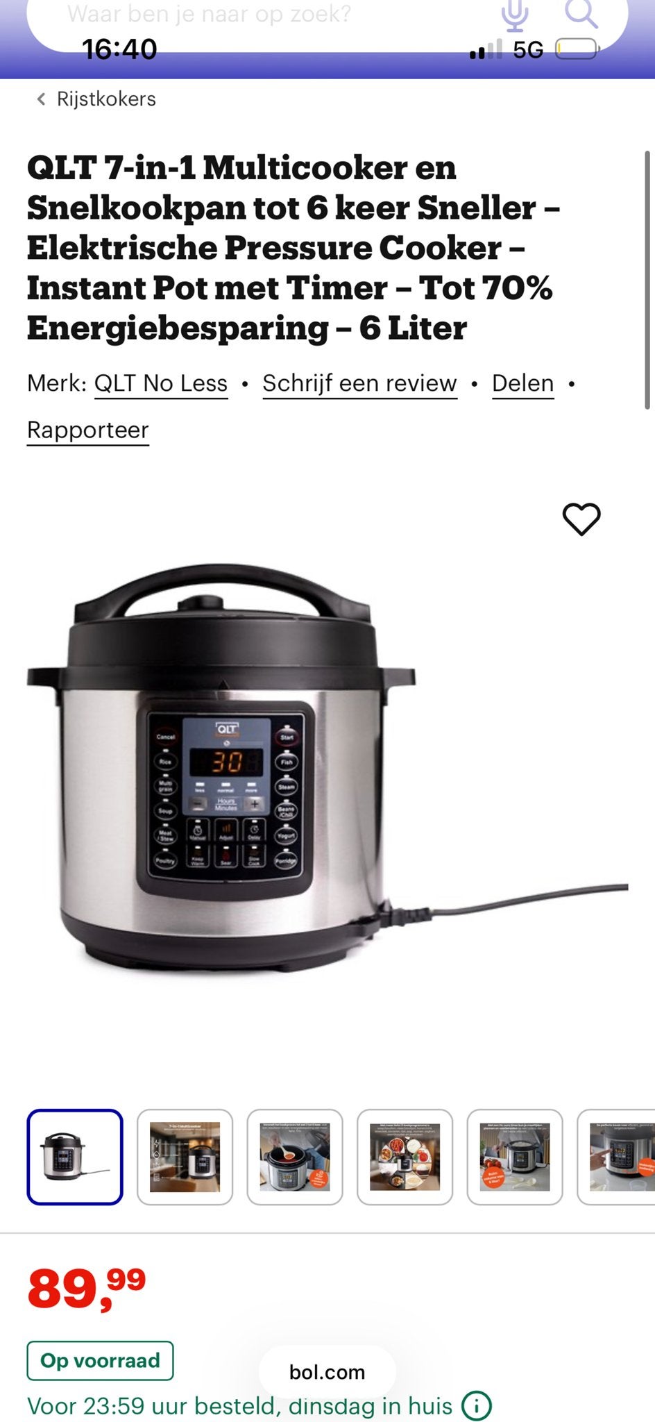 QLT 7-in-1 Multicooker en Snelkookpan - 6 Liter, Ophalen, Zo goed als nieuw