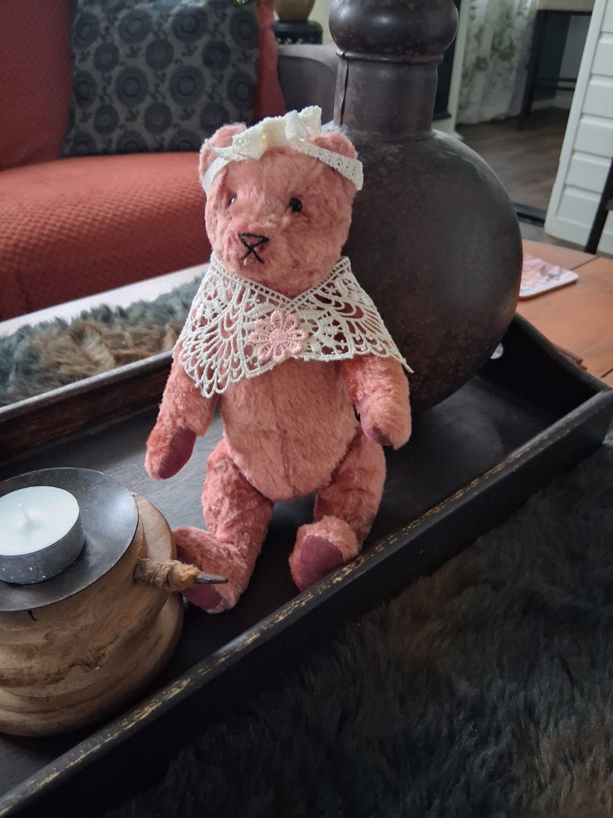 Roze teddybeer met kanten kraag en hoofdband, Verzamelen, Ophalen, Zo goed als nieuw